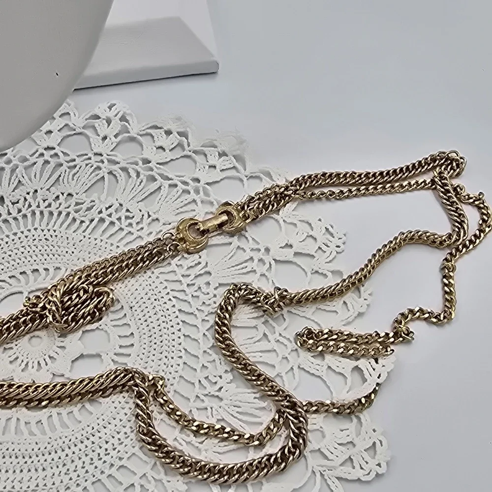Vintage Tassel Double Chain Necklace Layered Two Tone 20